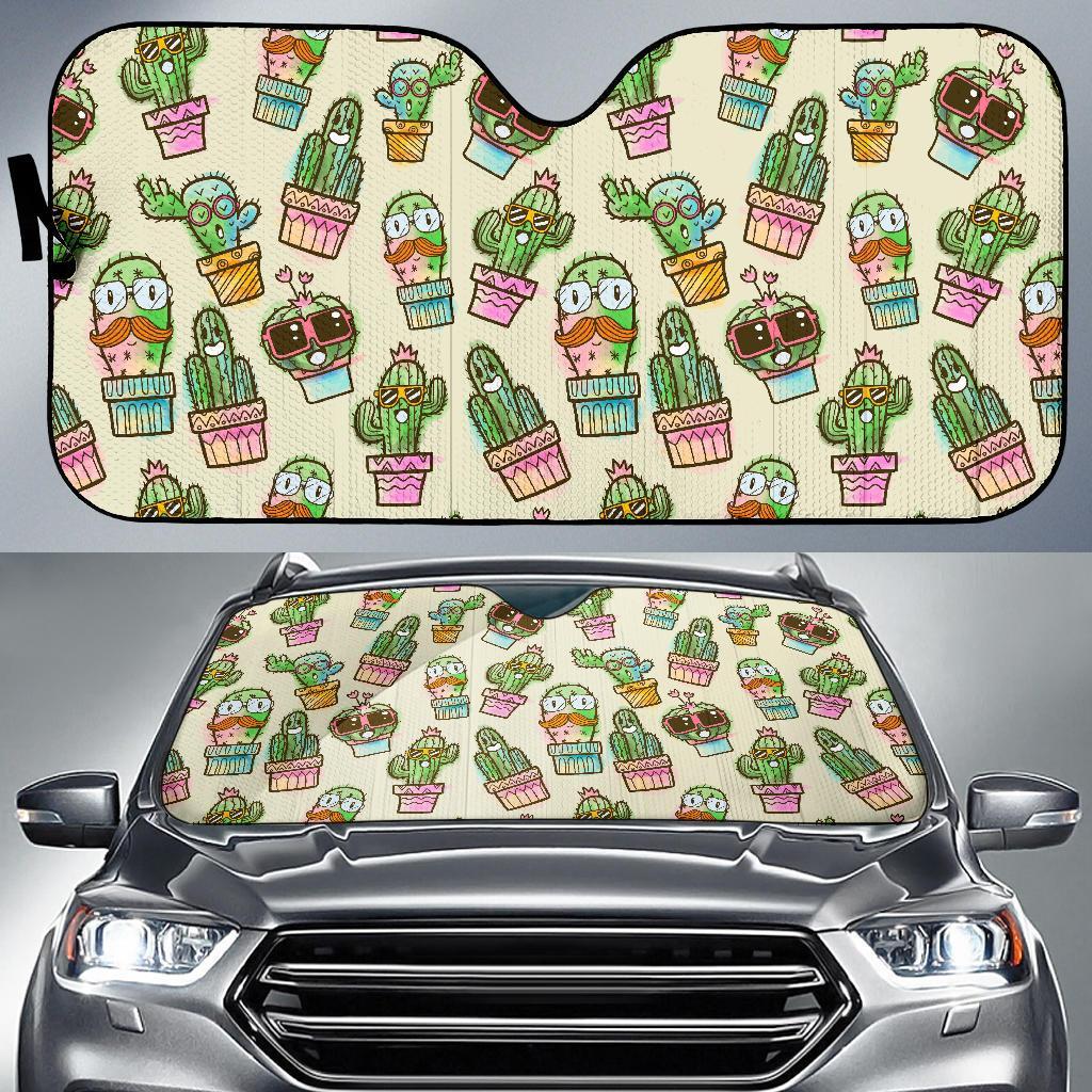 Cartoon Cactus Pattern Print Car Sun Shade-grizzshop