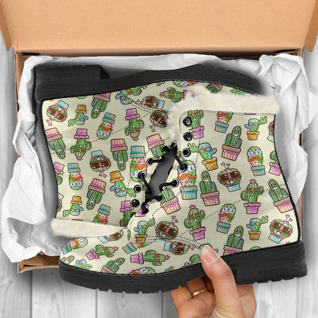 Cartoon Cactus Pattern Print Comfy Winter Boots-grizzshop