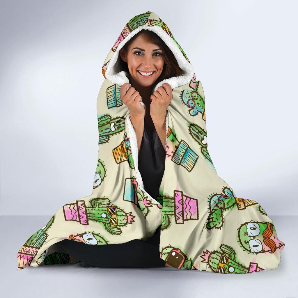 Cartoon Cactus Pattern Print Hooded Blanket-grizzshop