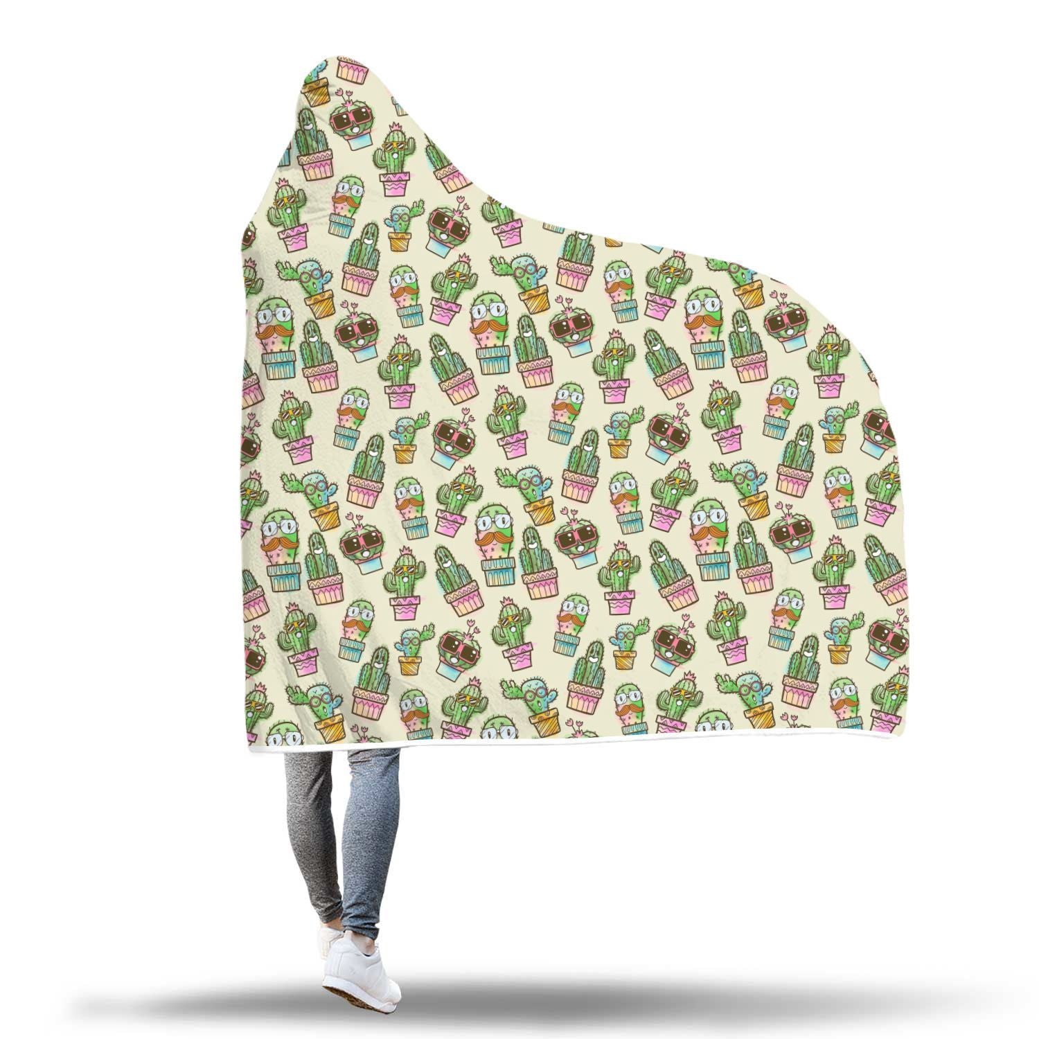 Cartoon Cactus Pattern Print Hooded Blanket-grizzshop