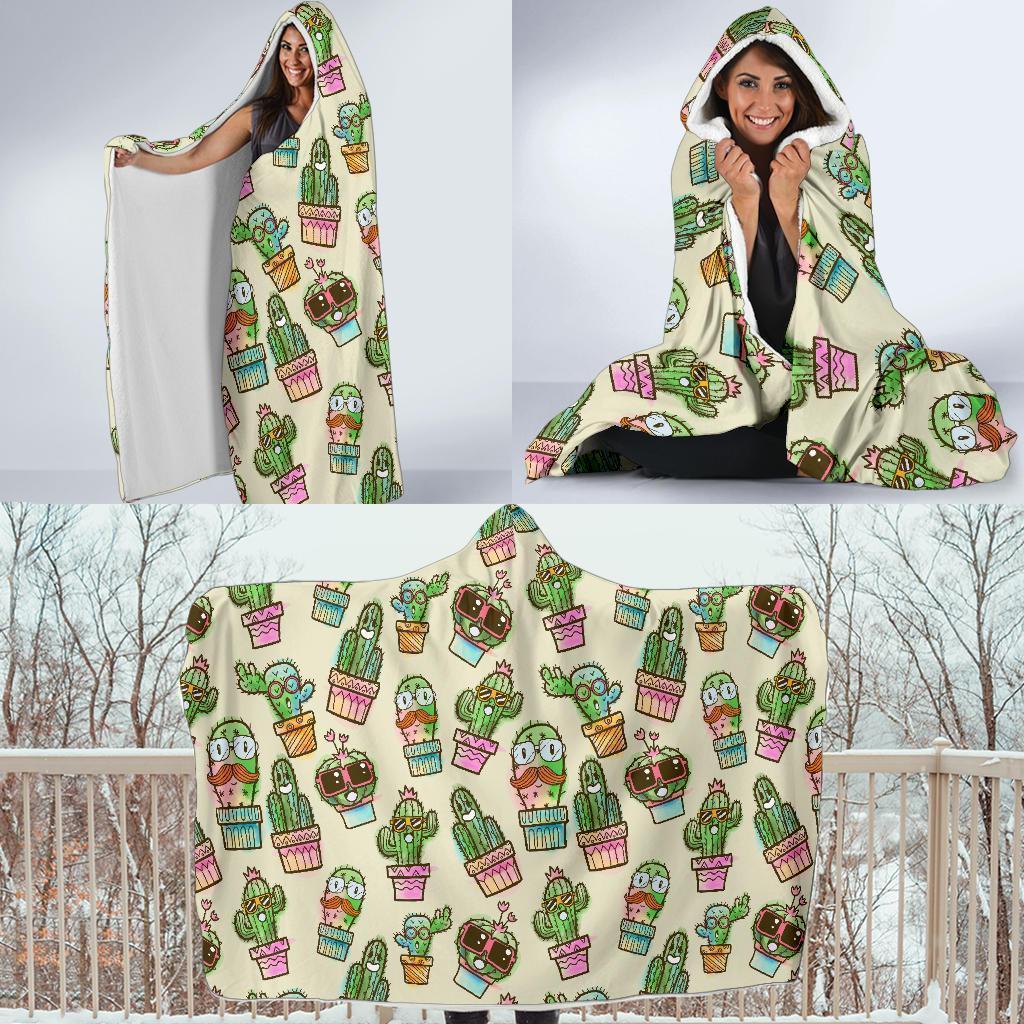 Cartoon Cactus Pattern Print Hooded Blanket-grizzshop