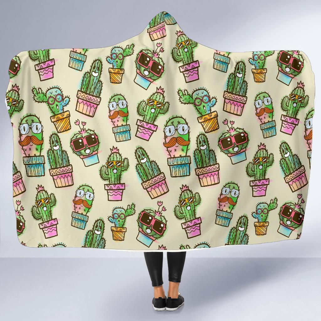 Cartoon Cactus Pattern Print Hooded Blanket-grizzshop