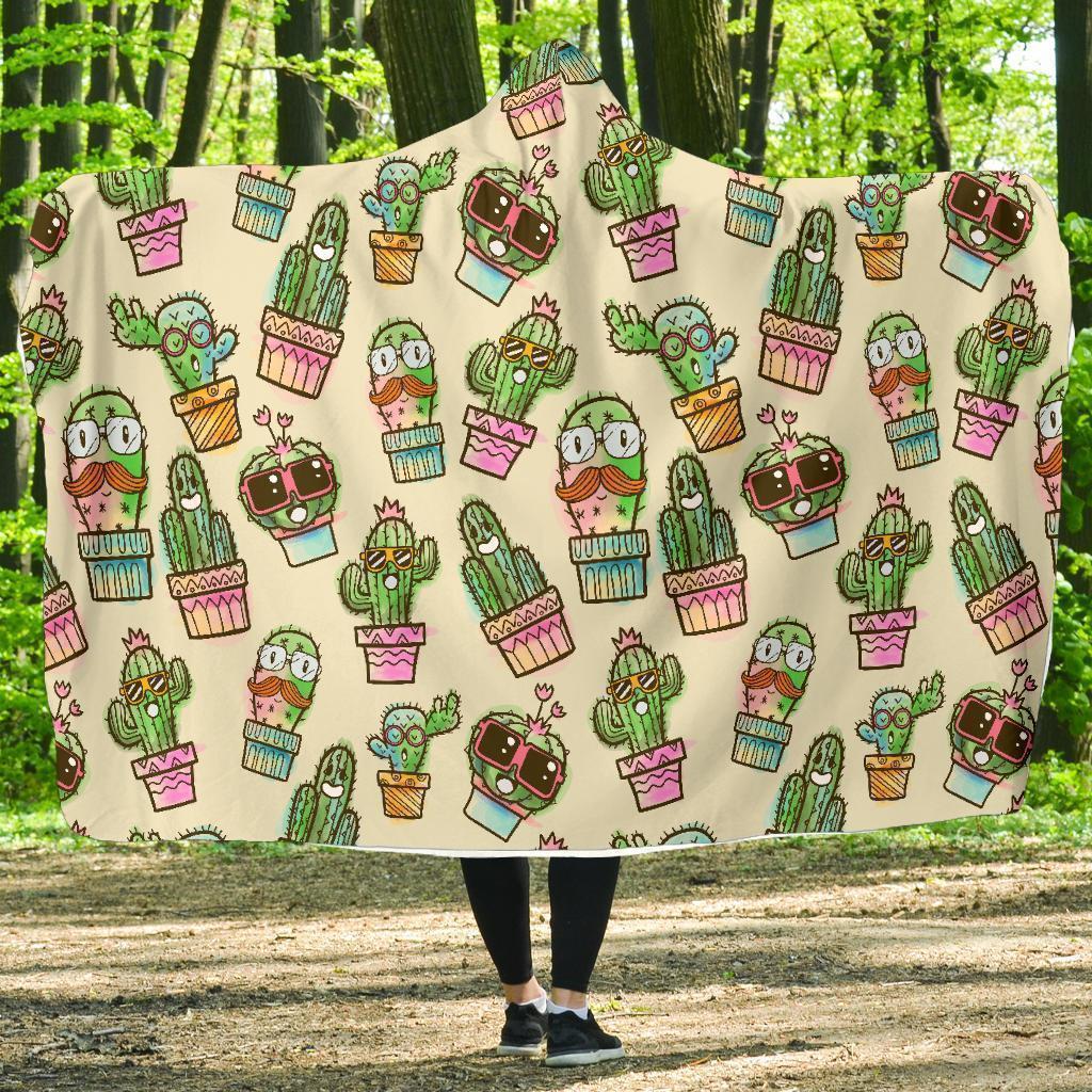 Cartoon Cactus Pattern Print Hooded Blanket-grizzshop