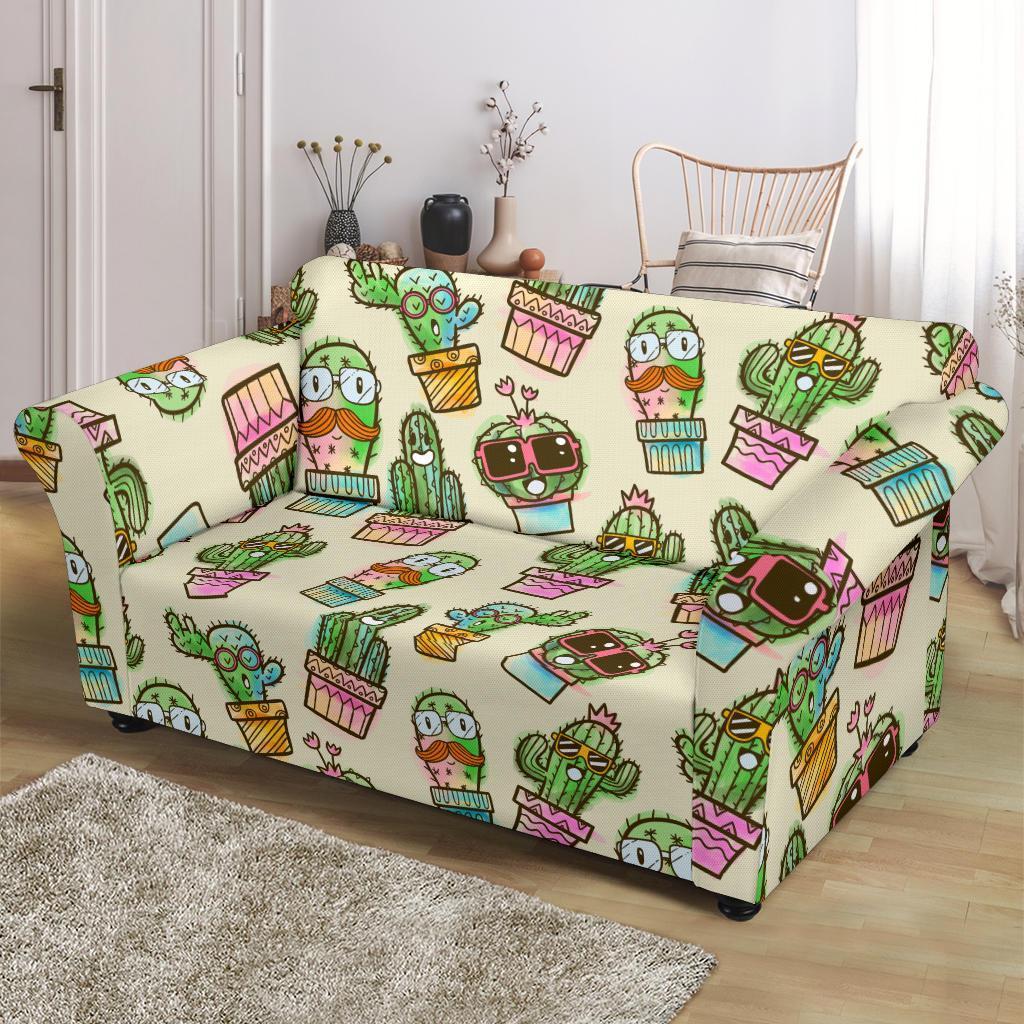 Cartoon Cactus Pattern Print Loveseat Cover-grizzshop