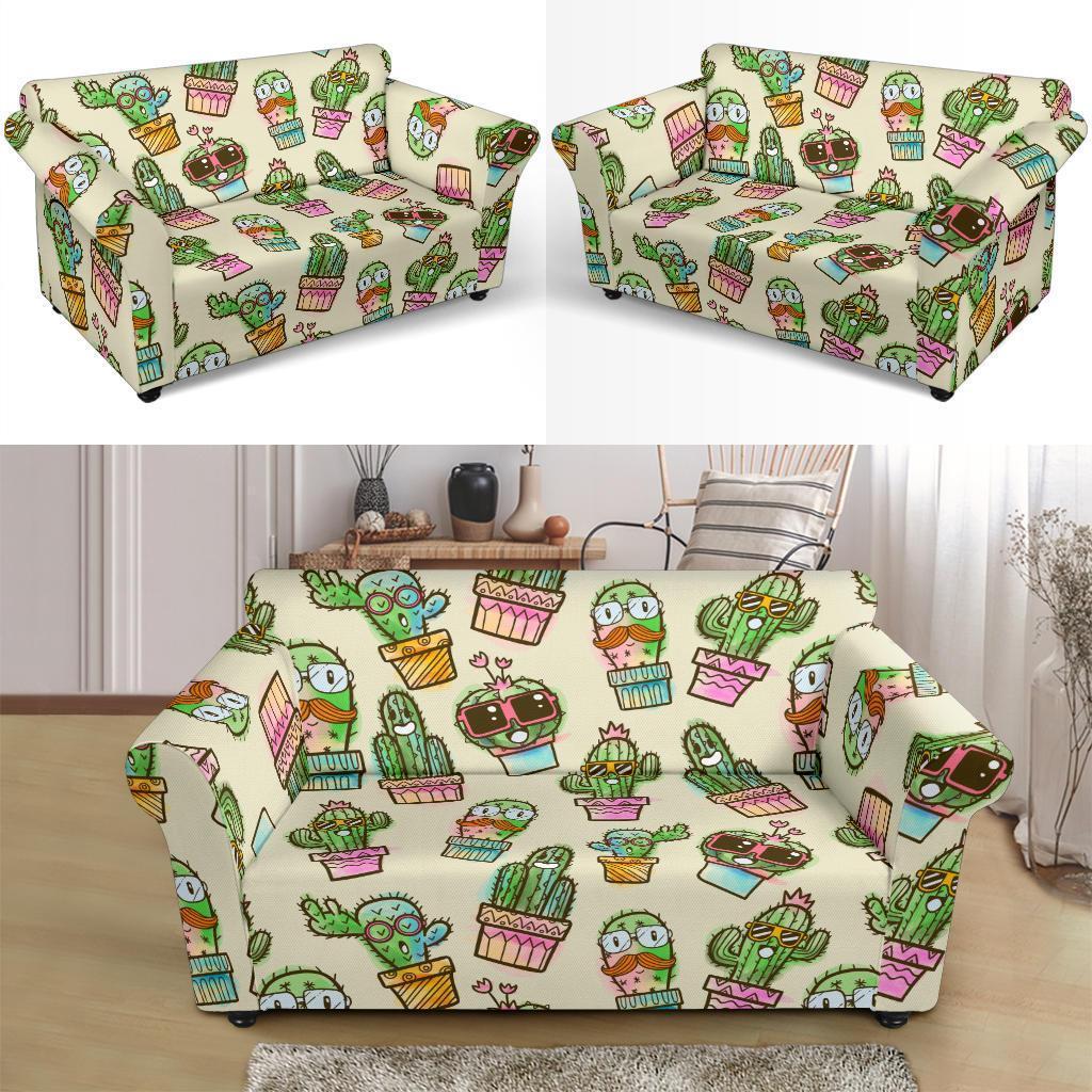 Cartoon Cactus Pattern Print Loveseat Cover-grizzshop