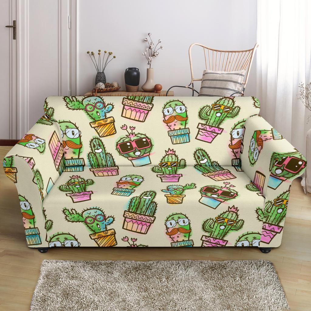 Cartoon Cactus Pattern Print Loveseat Cover-grizzshop