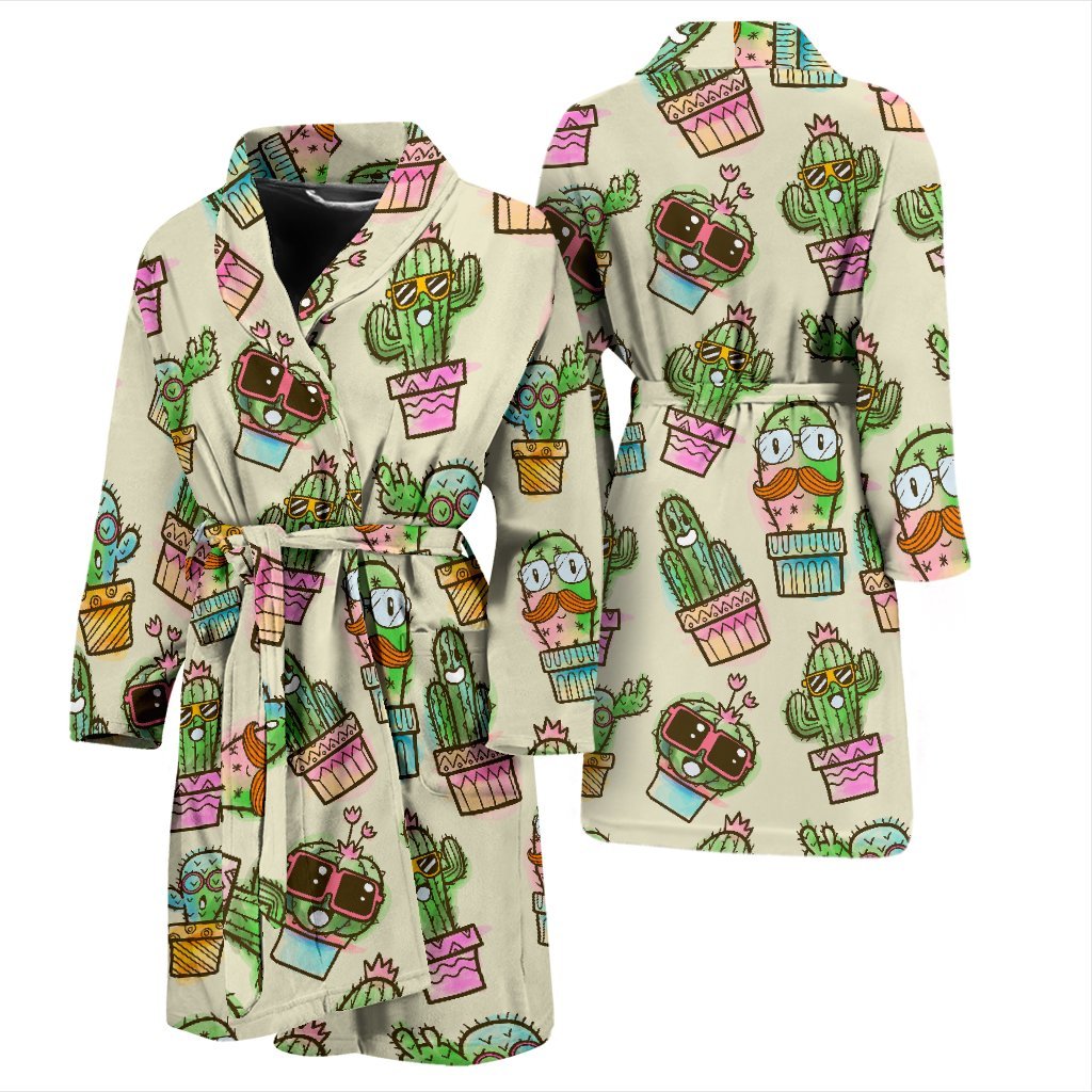 Cartoon Cactus Pattern Print Men Long Robe-grizzshop