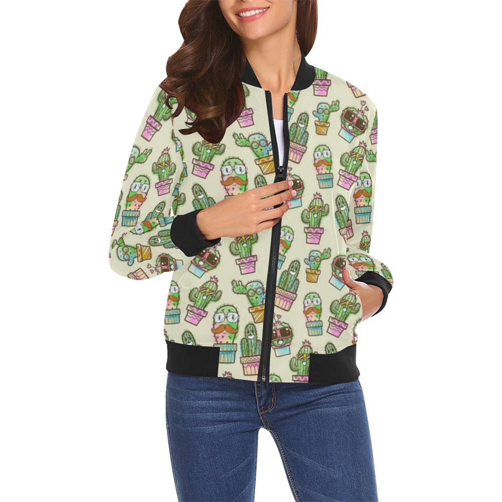 Cartoon Cactus Pattern Print Women Casual Bomber Jacket-grizzshop