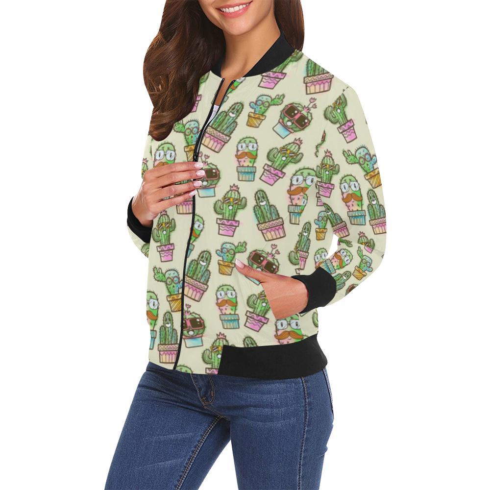 Cartoon Cactus Pattern Print Women Casual Bomber Jacket-grizzshop