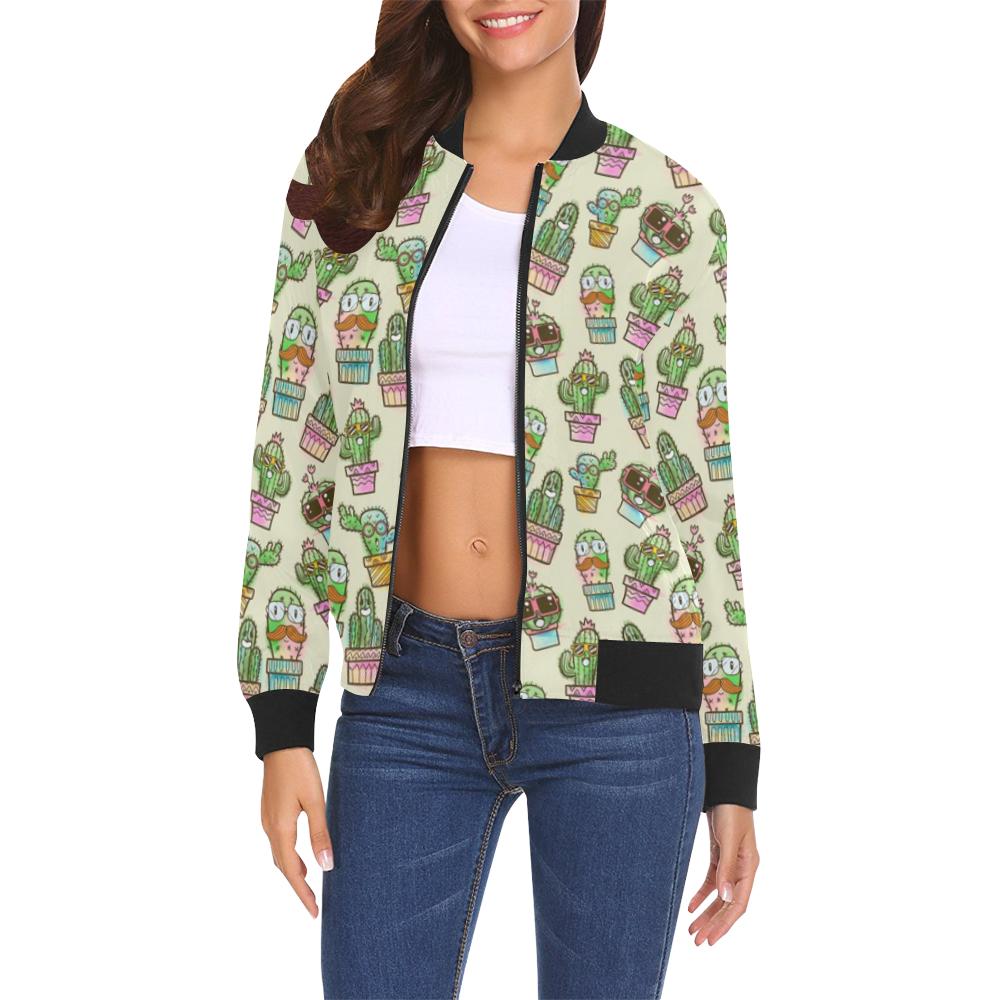 Cartoon Cactus Pattern Print Women Casual Bomber Jacket-grizzshop