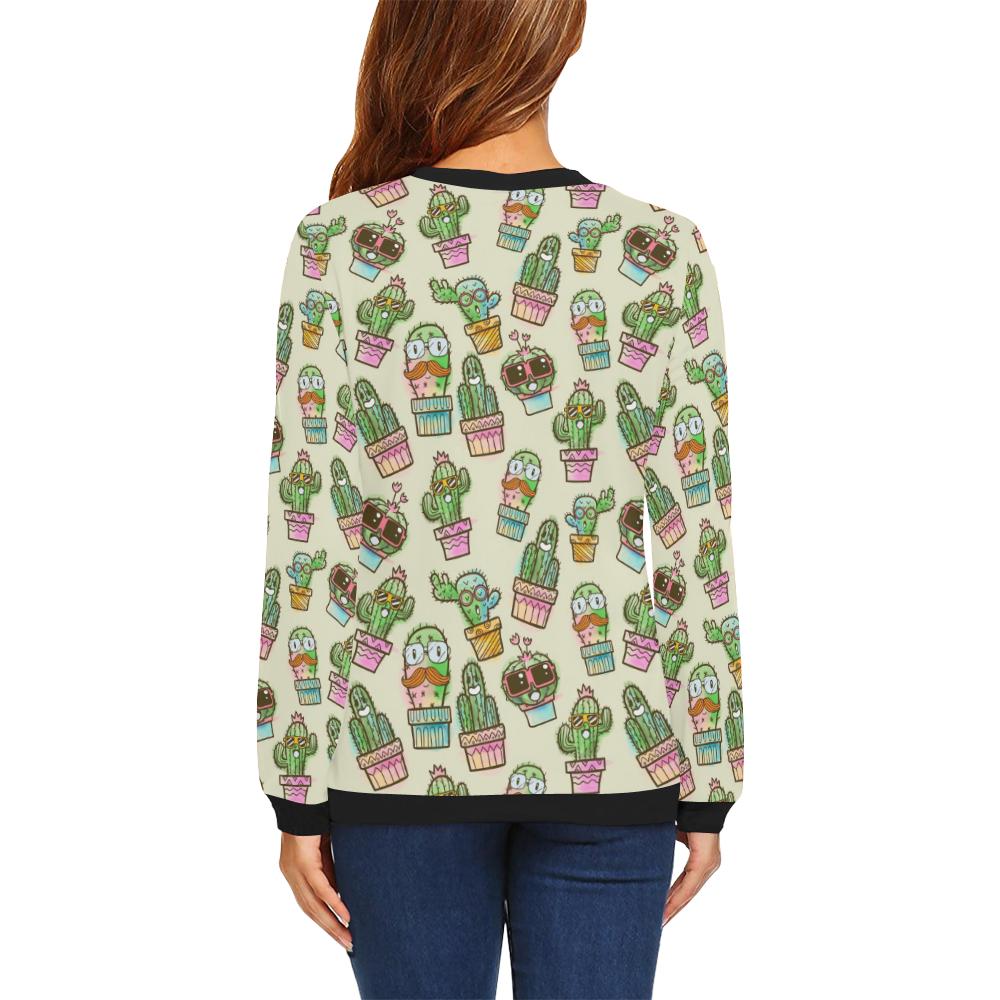 Cartoon Cactus Pattern Print Women Crewneck Sweatshirt-grizzshop