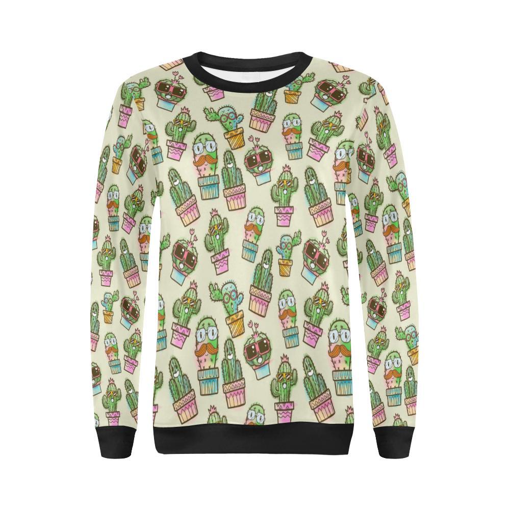 Cartoon Cactus Pattern Print Women Crewneck Sweatshirt-grizzshop