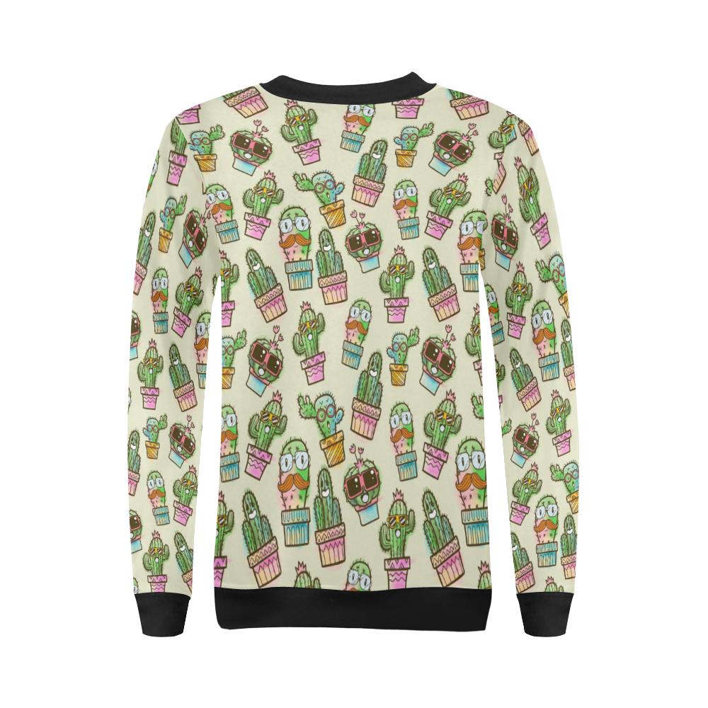 Cartoon Cactus Pattern Print Women Crewneck Sweatshirt-grizzshop