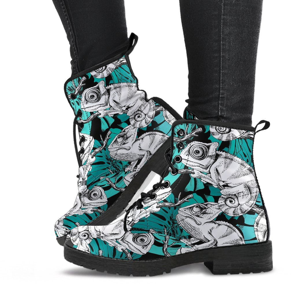Cartoon Chameleon Pattern Print Men Women Leather Boots-grizzshop