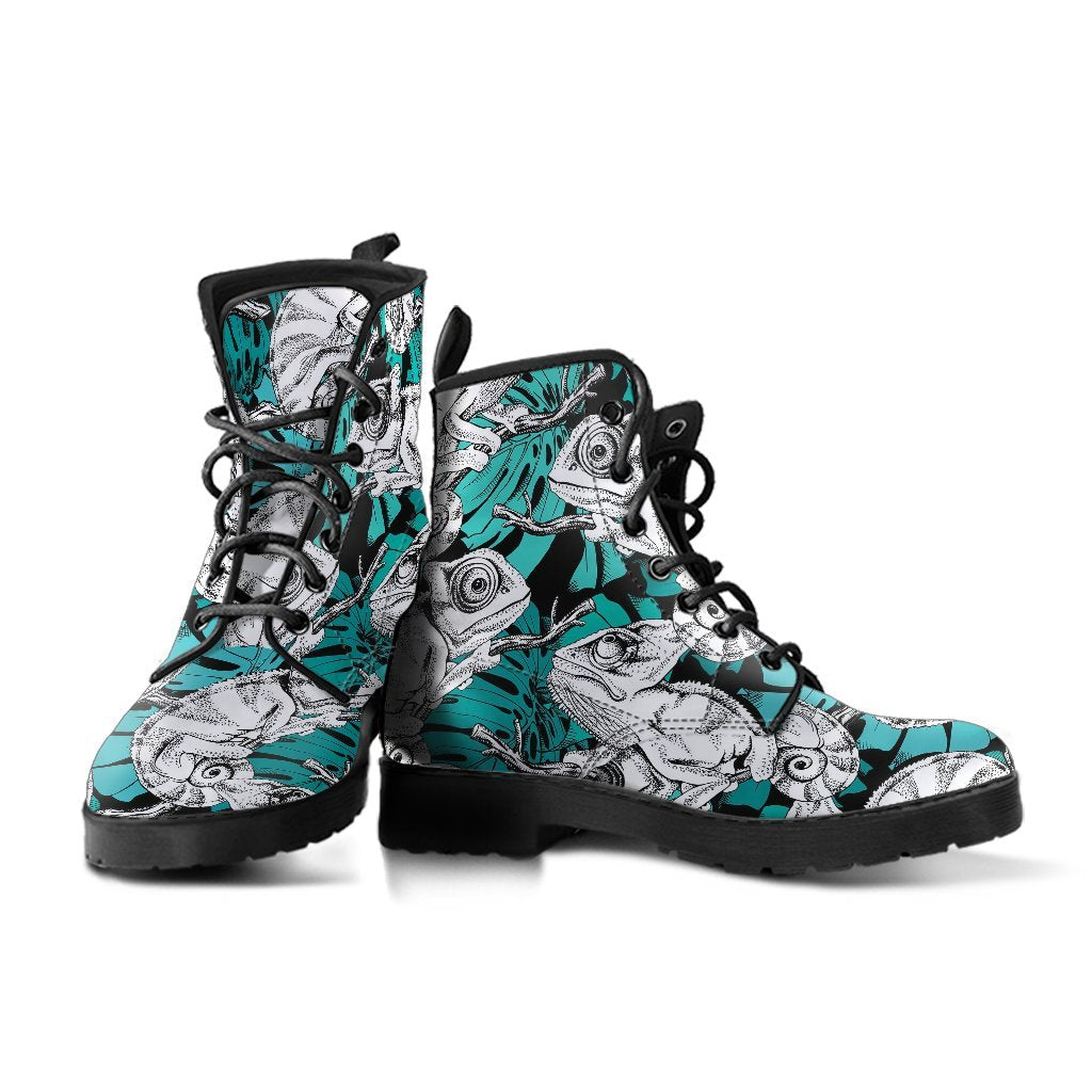 Cartoon Chameleon Pattern Print Men Women Leather Boots-grizzshop