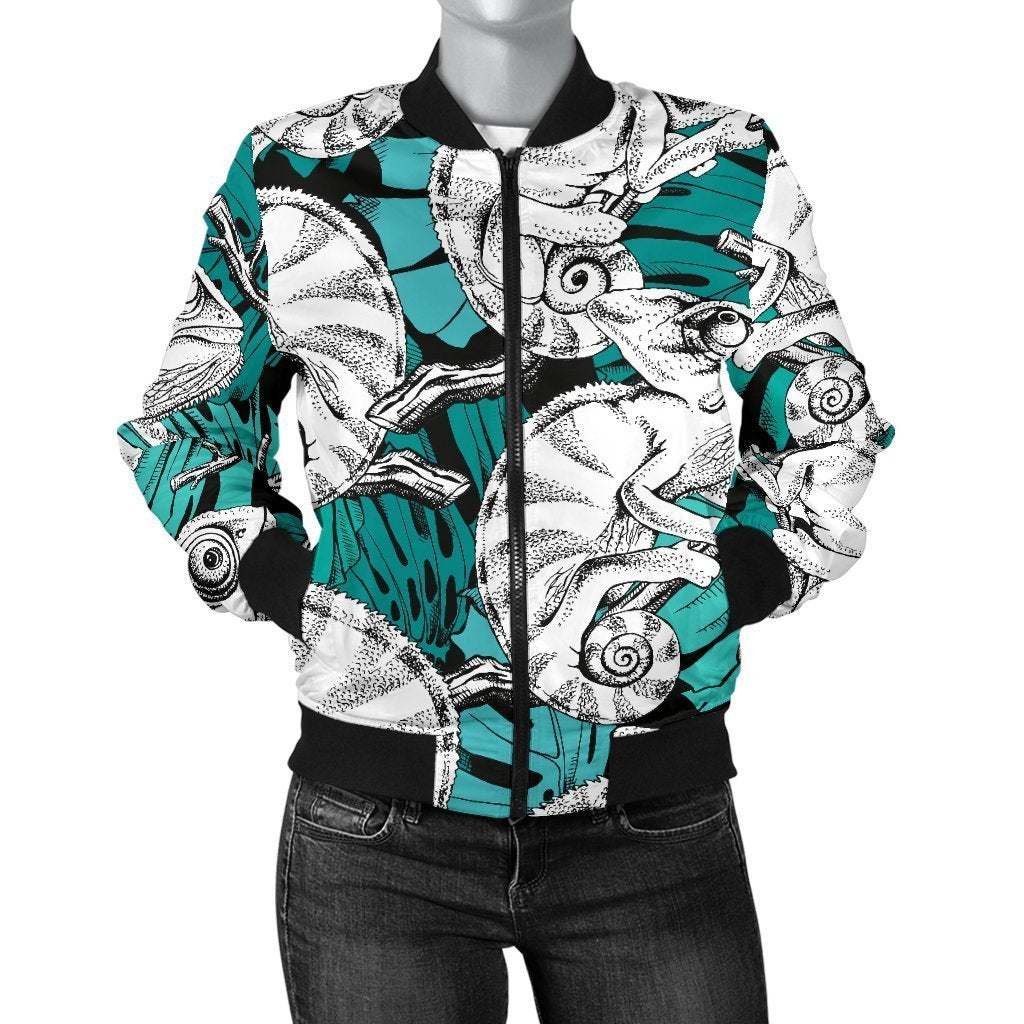 Cartoon Chameleon Pattern Print Women Casual Bomber Jacket-grizzshop