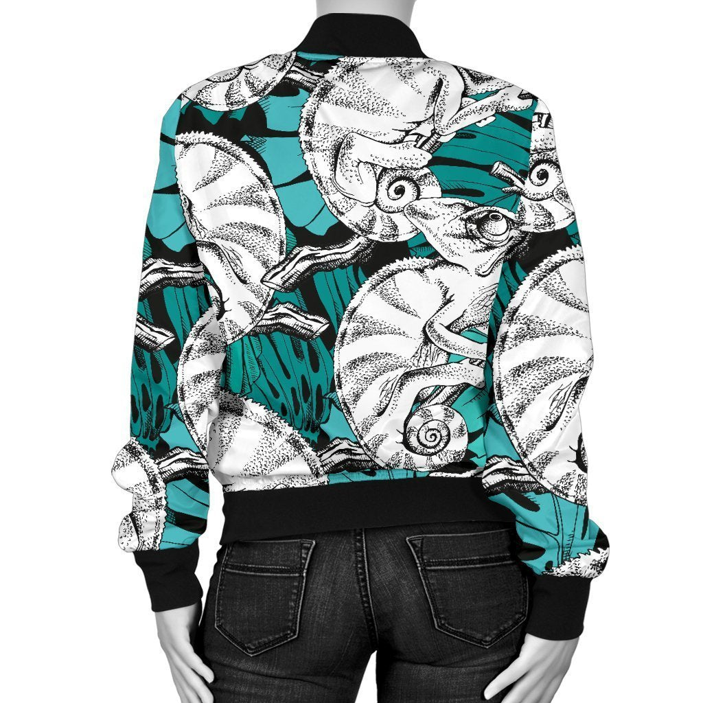 Cartoon Chameleon Pattern Print Women Casual Bomber Jacket-grizzshop
