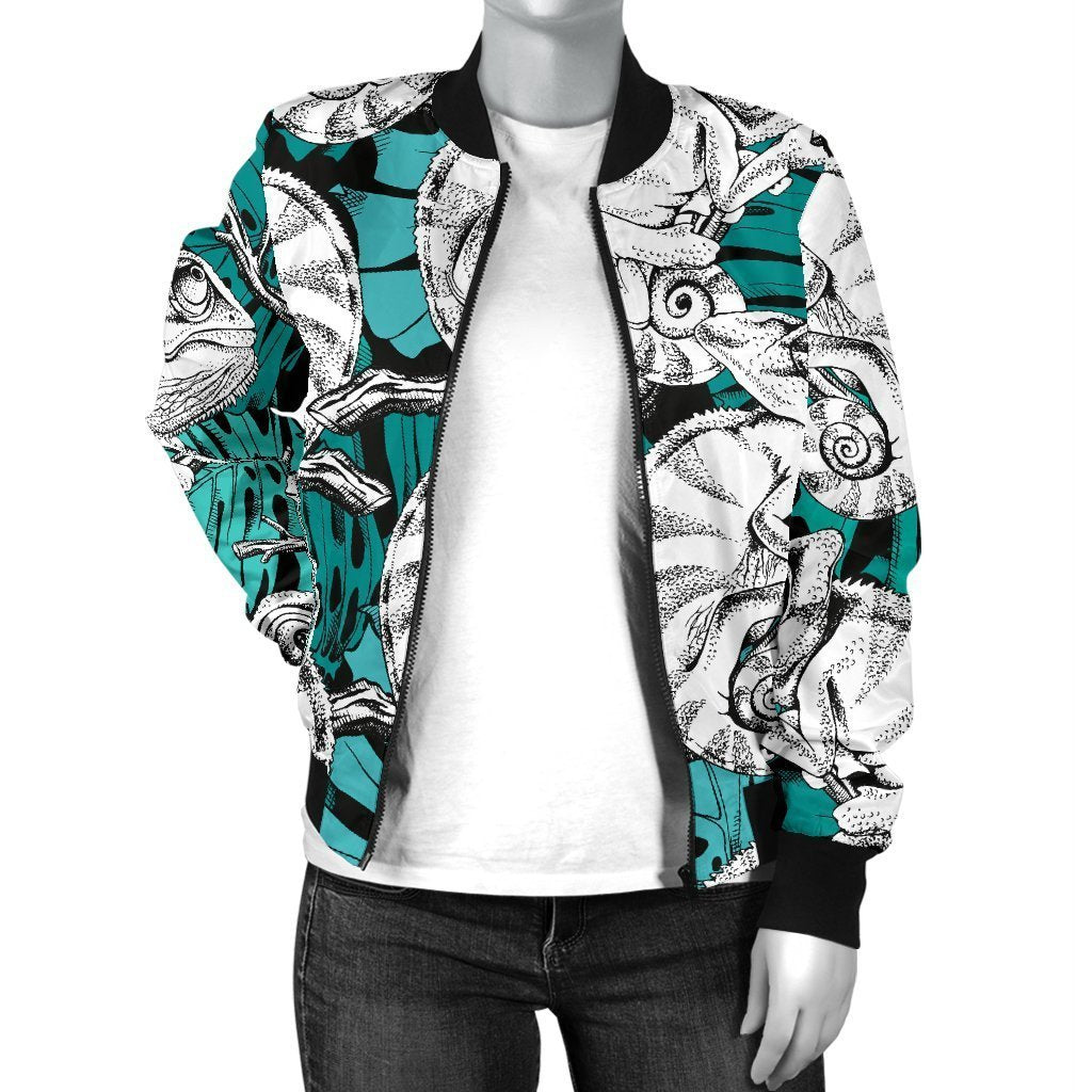 Cartoon Chameleon Pattern Print Women Casual Bomber Jacket-grizzshop