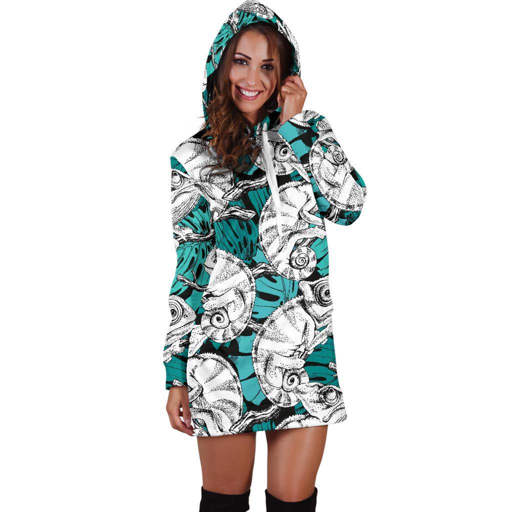 Cartoon Chameleon Pattern Print Women Hoodie Dress-grizzshop