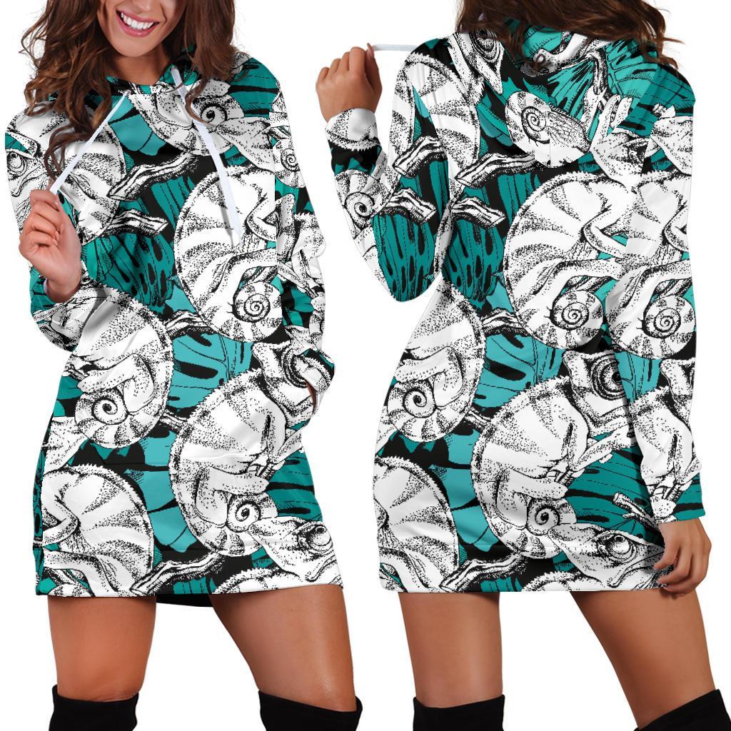 Cartoon Chameleon Pattern Print Women Hoodie Dress-grizzshop