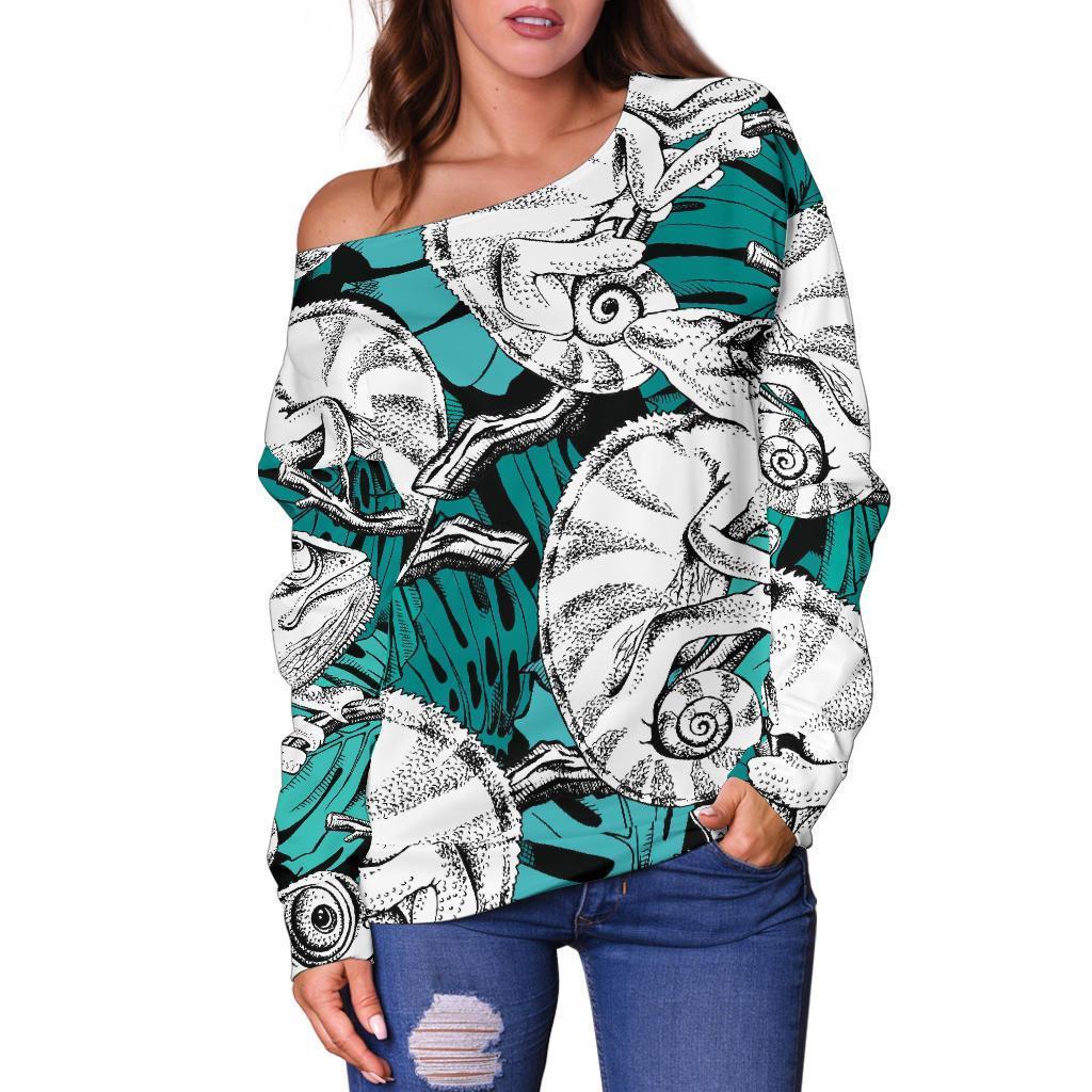 Cartoon Chameleon Pattern Print Women Off Shoulder Sweatshirt-grizzshop