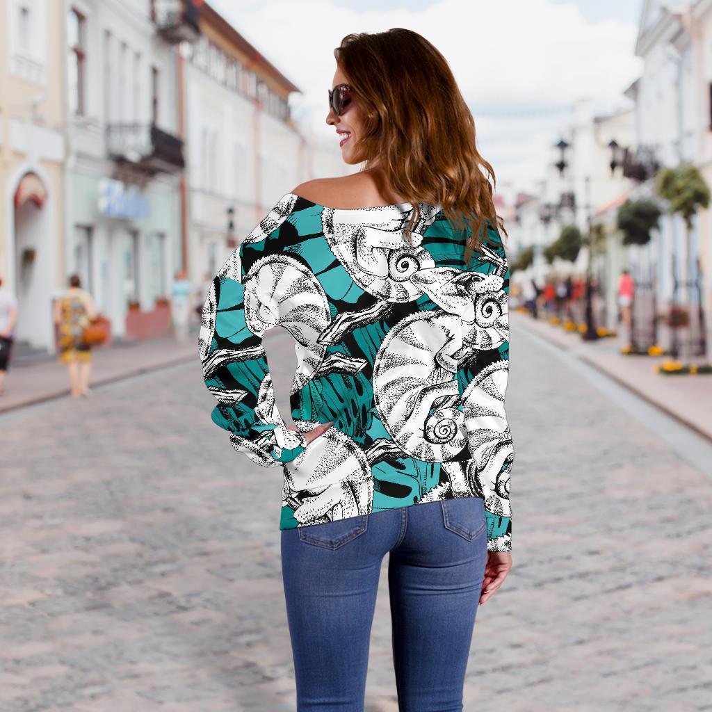 Cartoon Chameleon Pattern Print Women Off Shoulder Sweatshirt-grizzshop