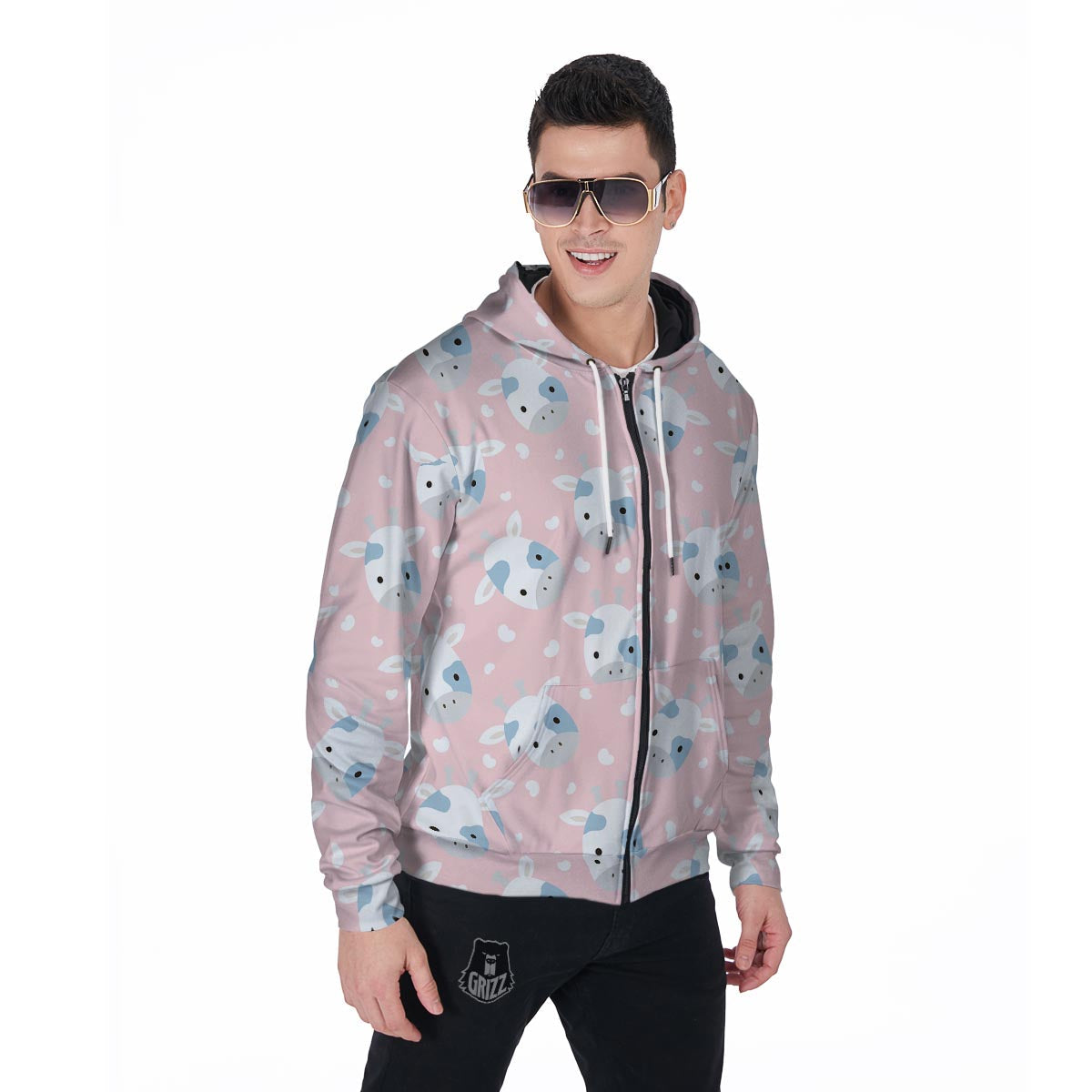 Cartoon Cow Print Men's Zip Up Hoodie-grizzshop
