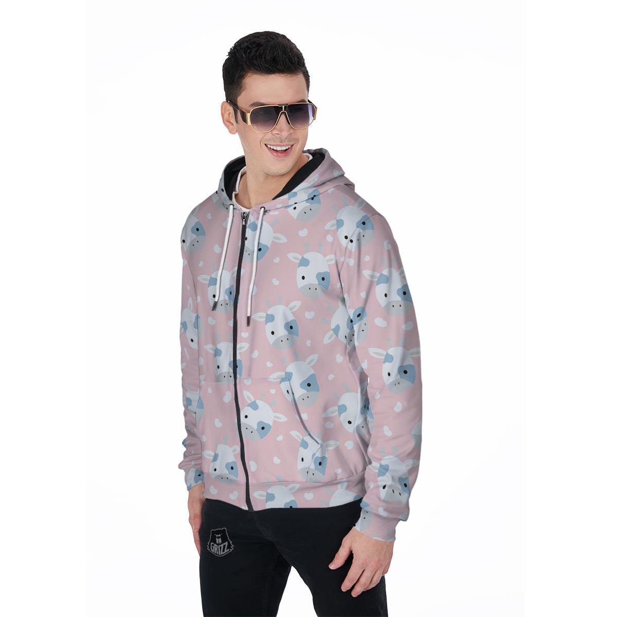 Cartoon Cow Print Men's Zip Up Hoodie-grizzshop