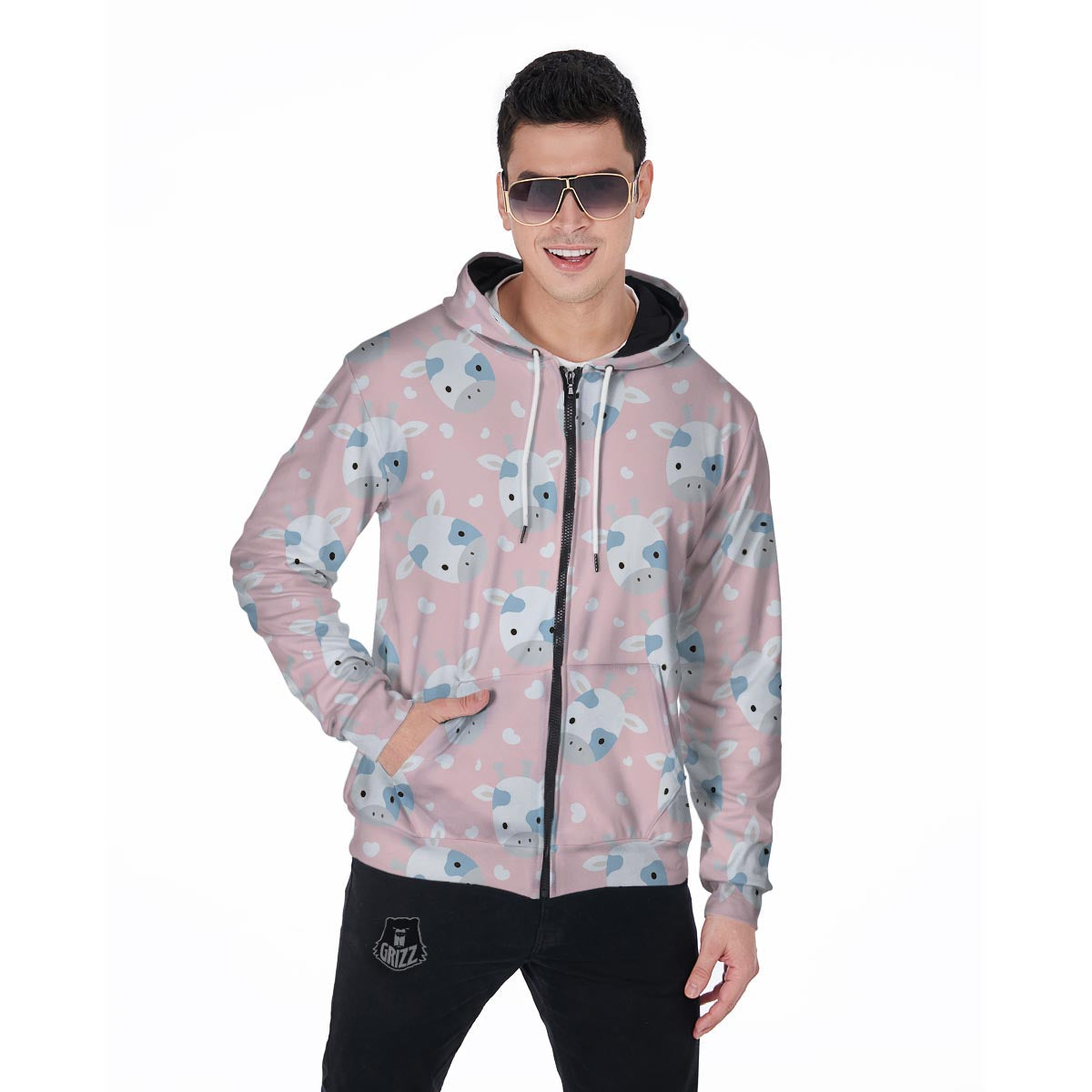 Cartoon Cow Print Men's Zip Up Hoodie-grizzshop