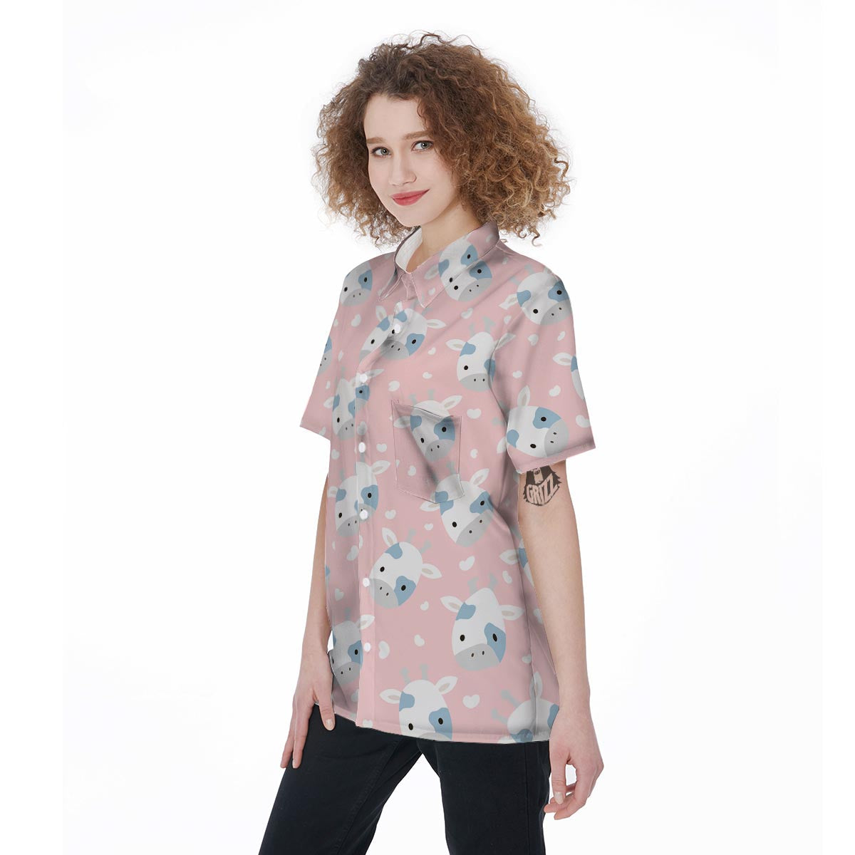 Cartoon Cow Print Women's Short Sleeve Shirts-grizzshop