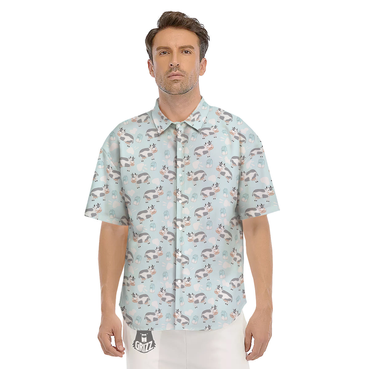 Cartoon Cows Milk Print Pattern Men's Short Sleeve Shirts-grizzshop