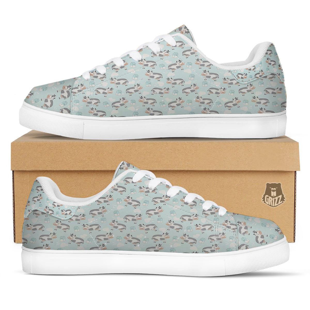 Cartoon Cows Milk Print Pattern White Low Top Sneakers-grizzshop