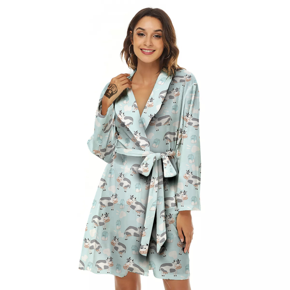 Cartoon Cows Milk Print Pattern Women's Robe-grizzshop