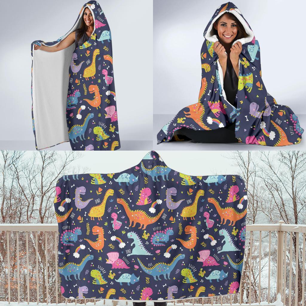 Cartoon Dino Dinosaur Pattern Print Hooded Blanket-grizzshop