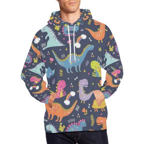 Cartoon Dino Dinosaur Pattern Print Men Pullover Hoodie-grizzshop