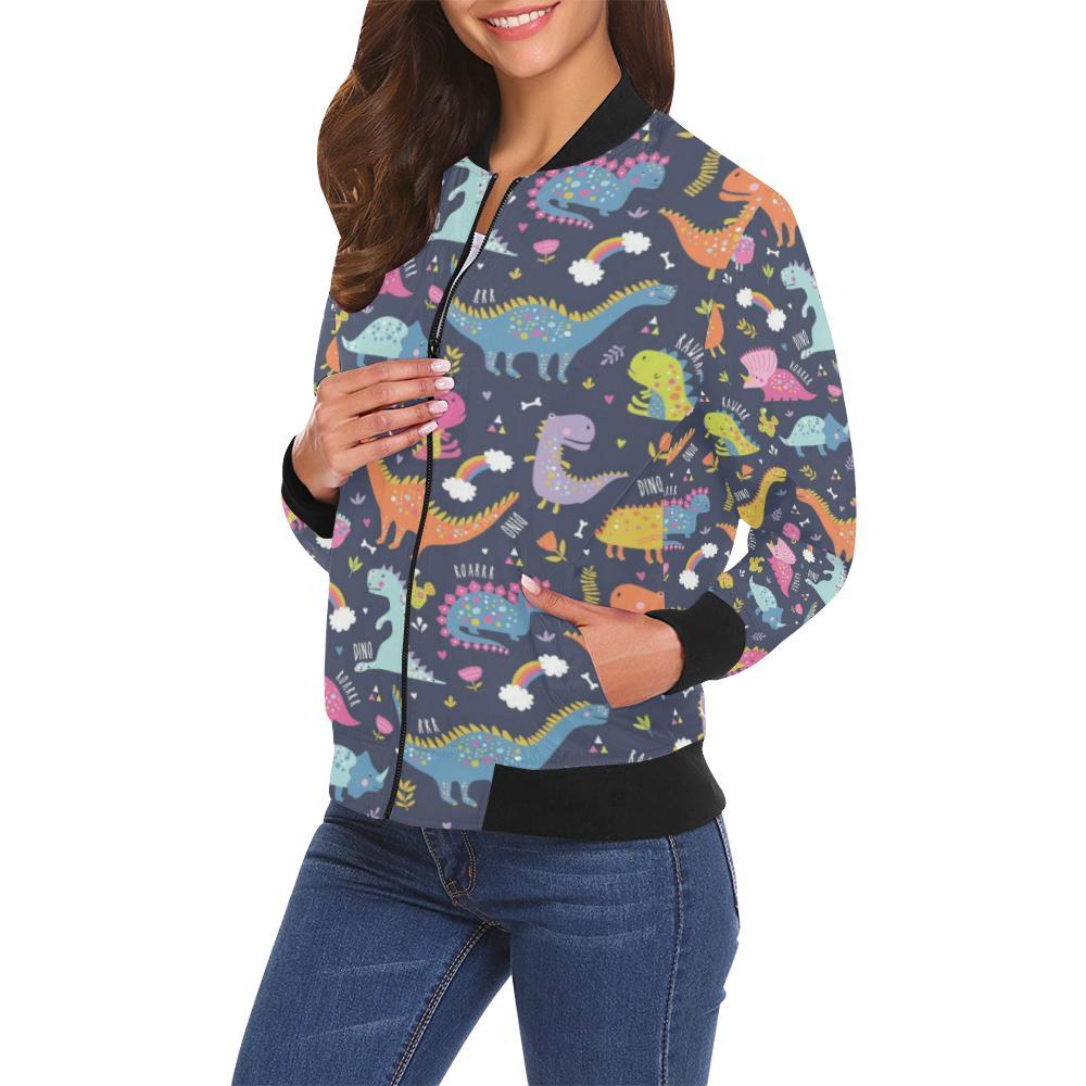 Cartoon Dino Dinosaur Pattern Print Women Casual Bomber Jacket-grizzshop