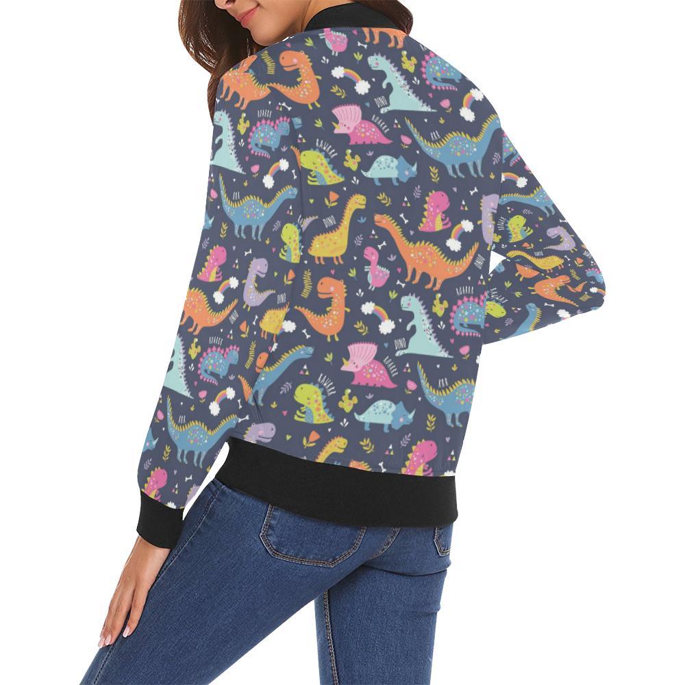 Cartoon Dino Dinosaur Pattern Print Women Casual Bomber Jacket-grizzshop