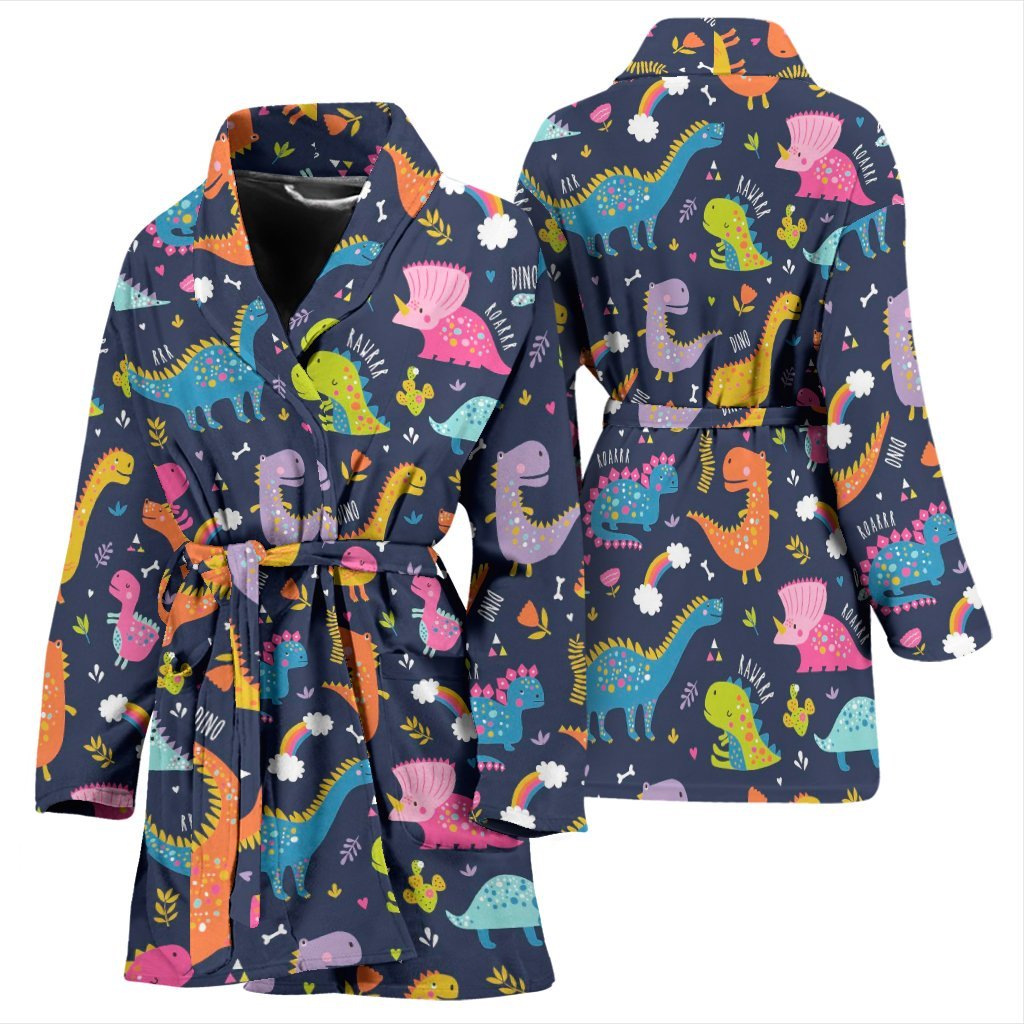 Cartoon Dino Dinosaur Pattern Print Women Long Robe-grizzshop