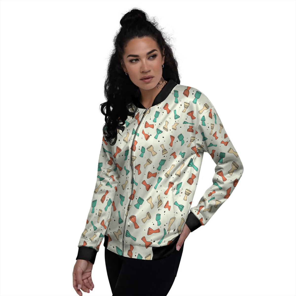 Cartoon Drum Print Pattern Women's Bomber Jacket-grizzshop