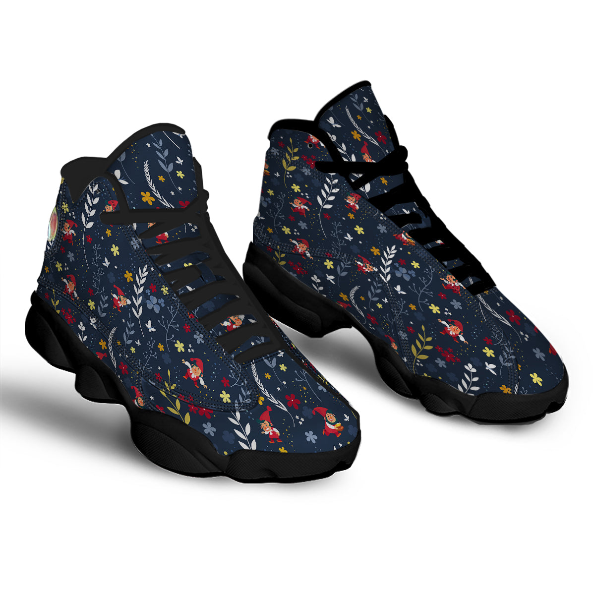 Cartoon Elf And Floral Print Pattern Black Basketball Shoes-grizzshop