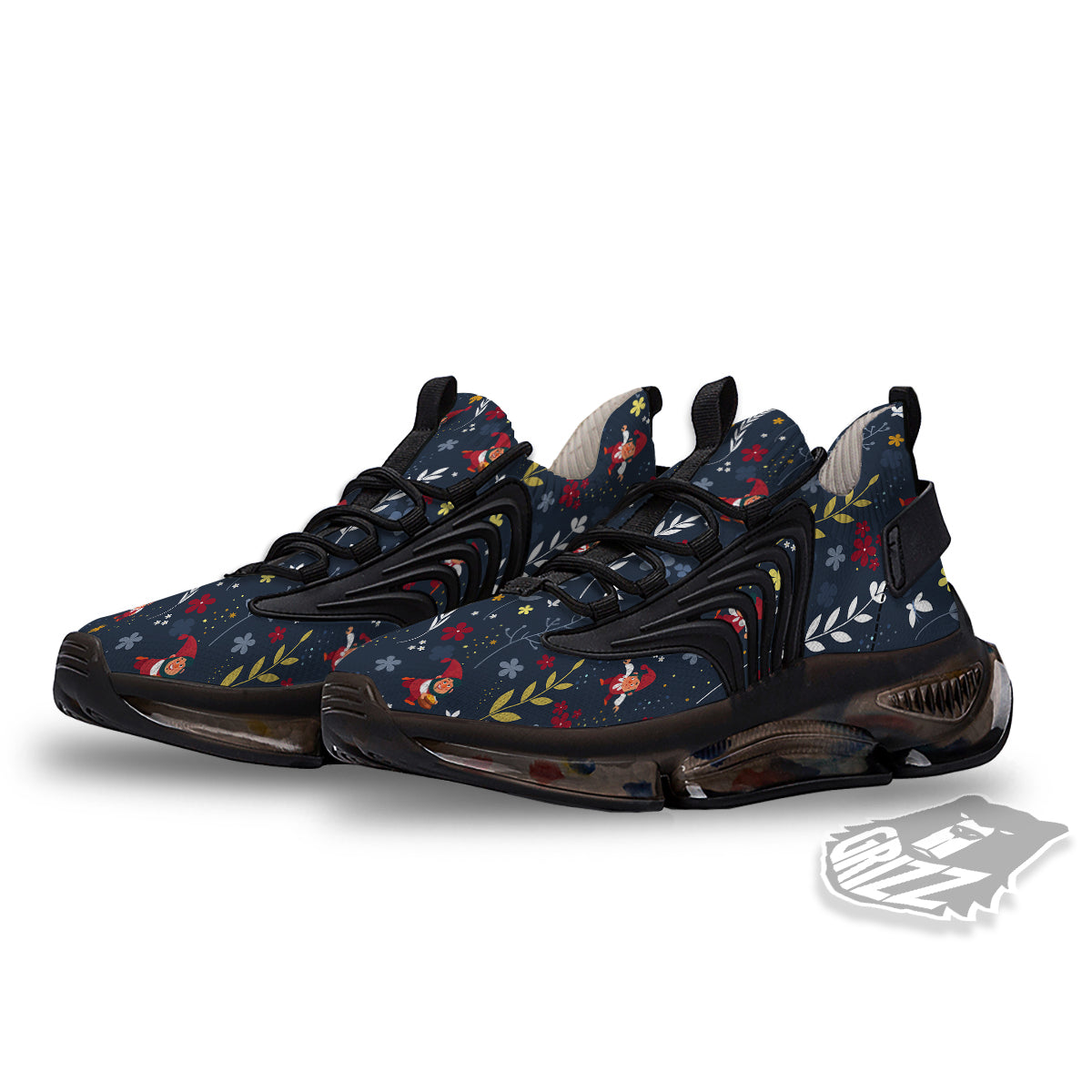 Cartoon Elf And Floral Print Pattern Black Gym Shoes-grizzshop