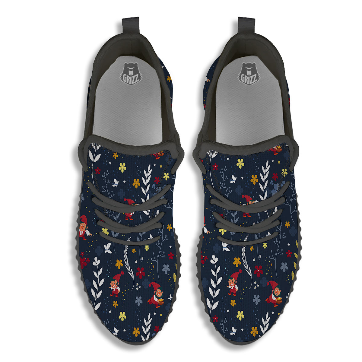 Cartoon Elf And Floral Print Pattern Black Walking Shoes-grizzshop