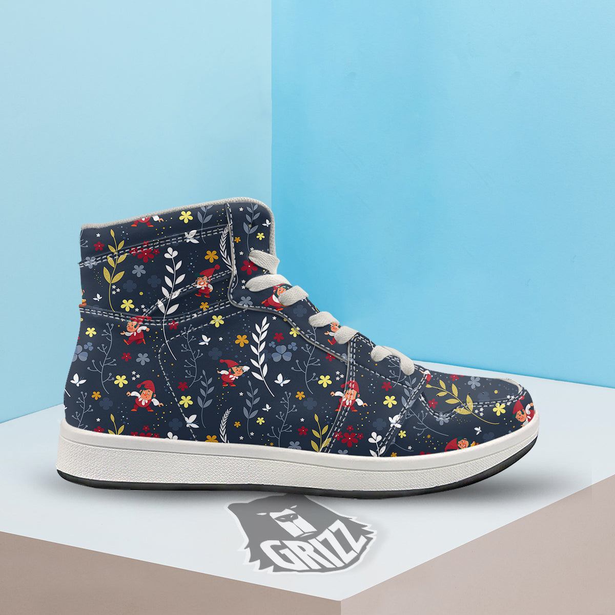 Cartoon Elf And Floral Print Pattern High Top Sneakers-grizzshop
