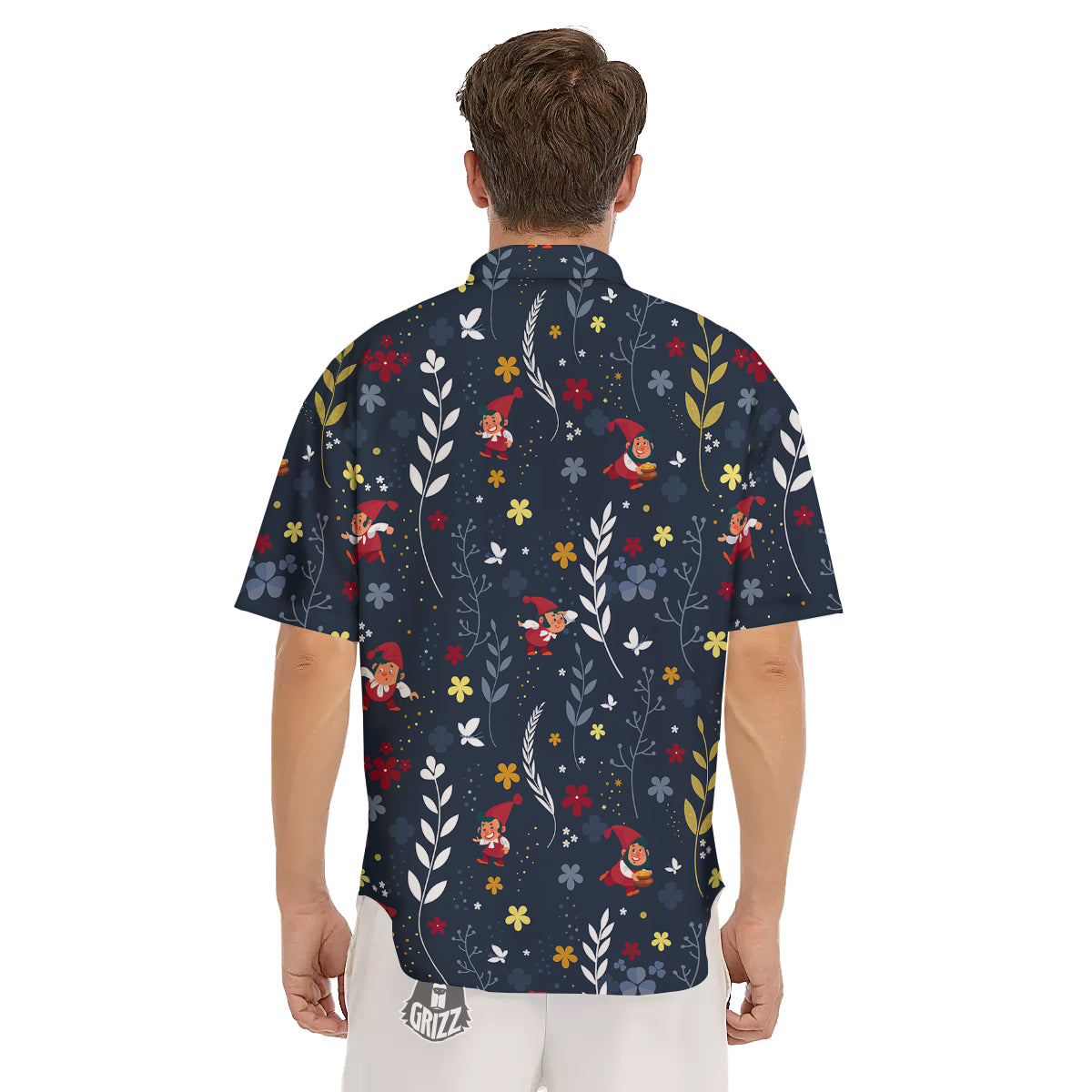 Cartoon Elf And Floral Print Pattern Men's Short Sleeve Shirts-grizzshop