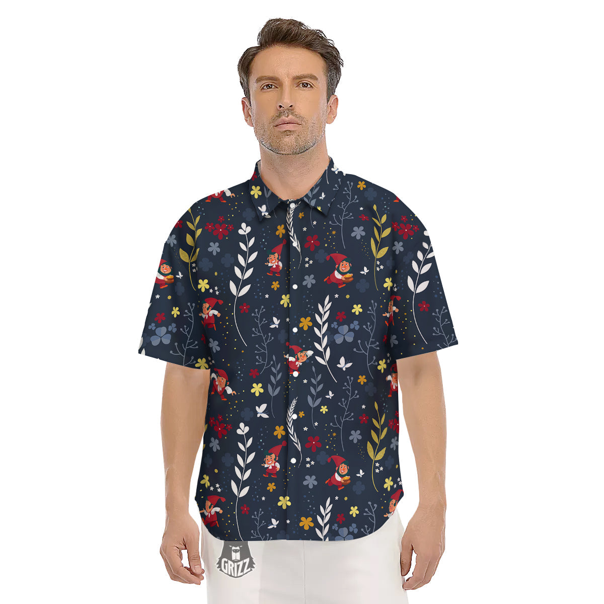 Cartoon Elf And Floral Print Pattern Men's Short Sleeve Shirts-grizzshop