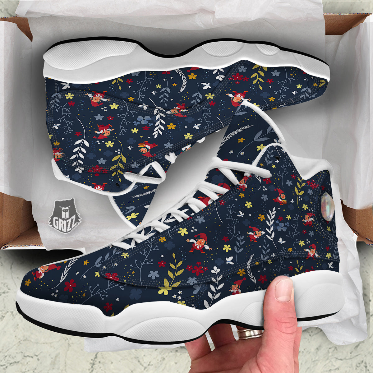 Cartoon Elf And Floral Print Pattern White Basketball Shoes-grizzshop