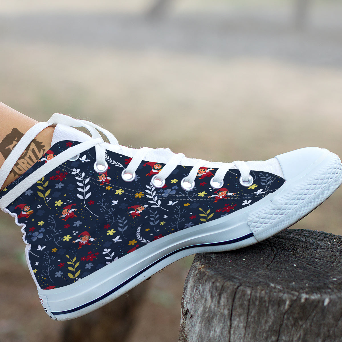Cartoon Elf And Floral Print Pattern White High Top Shoes-grizzshop