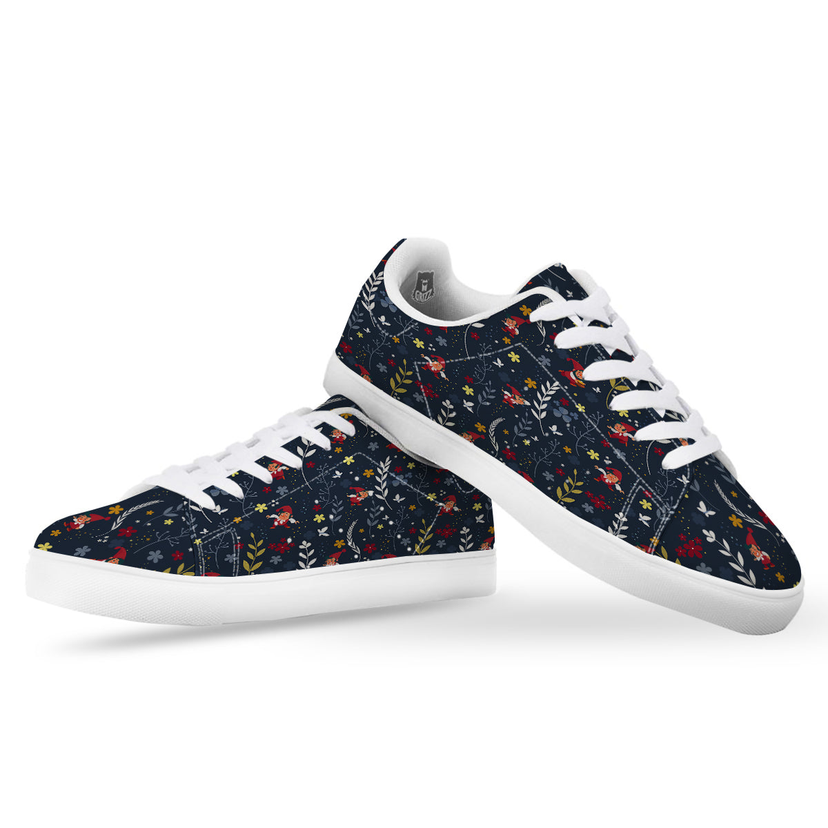 Cartoon Elf And Floral Print Pattern White Low Top Sneakers-grizzshop