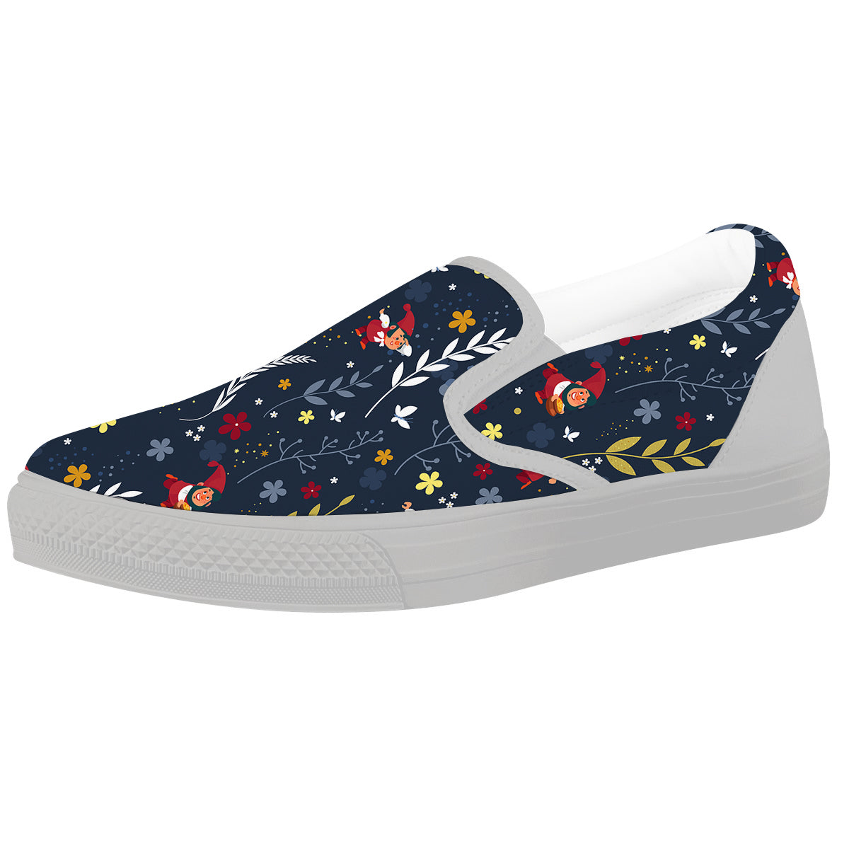Cartoon Elf And Floral Print Pattern White Slip On Shoes-grizzshop