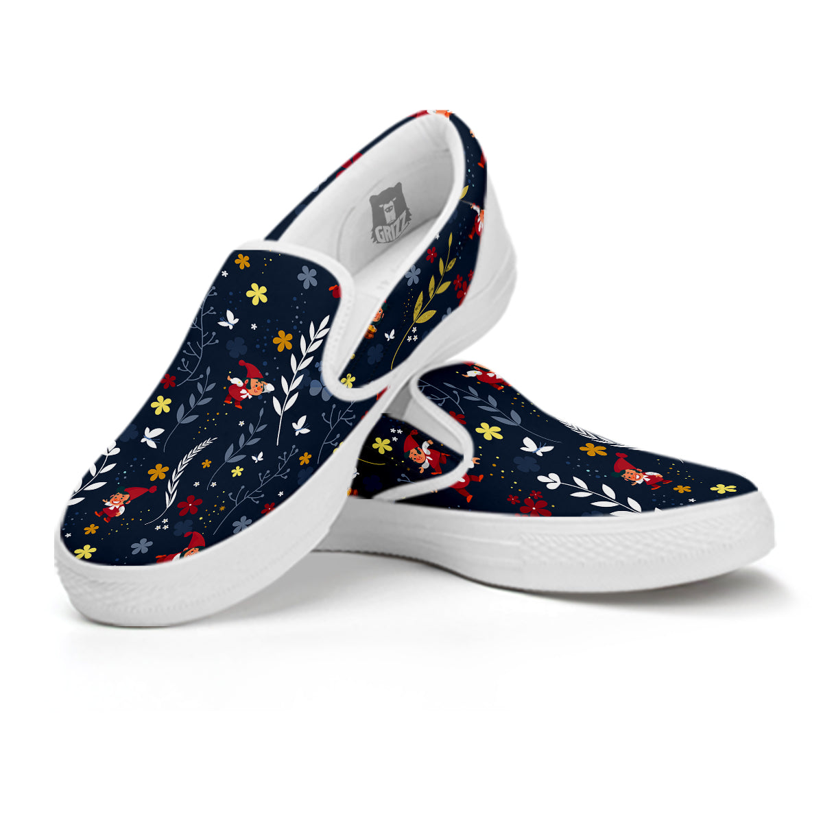 Cartoon Elf And Floral Print Pattern White Slip On Shoes-grizzshop
